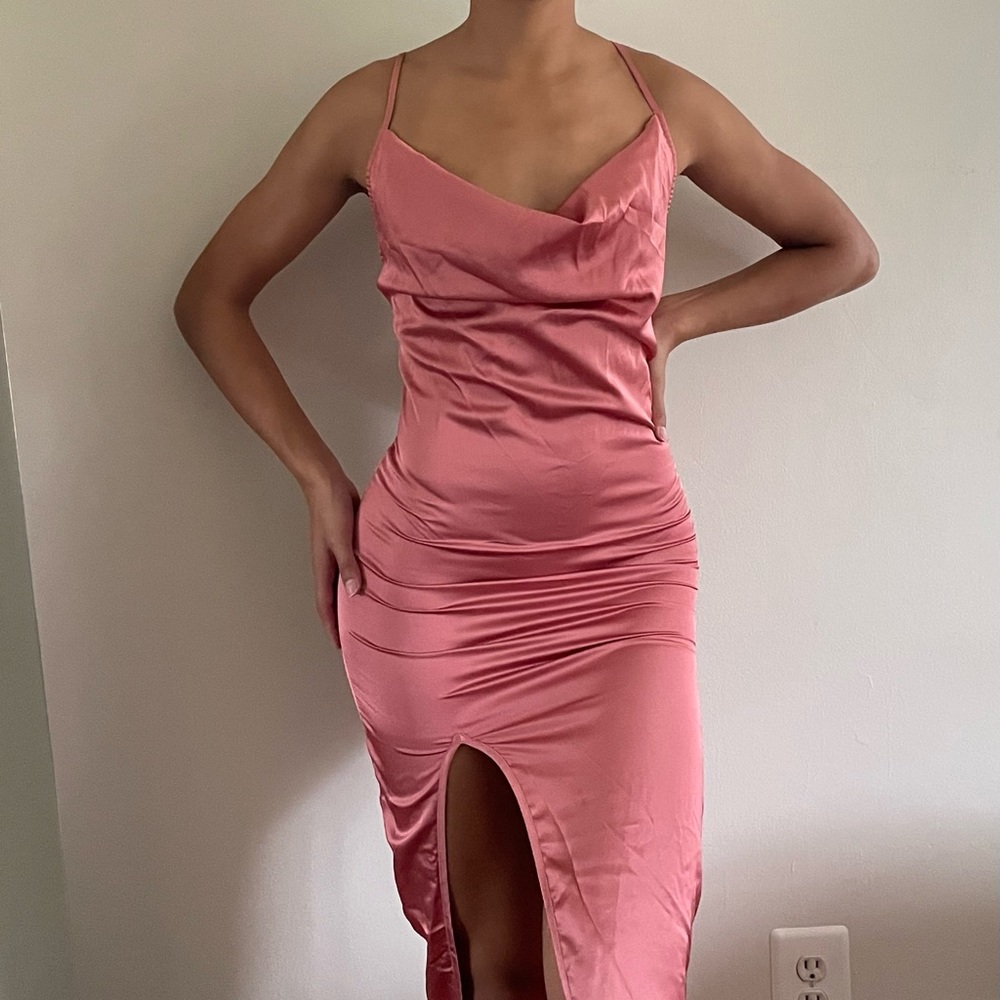 Pink Satin Cowl Cut Out Midi Dress